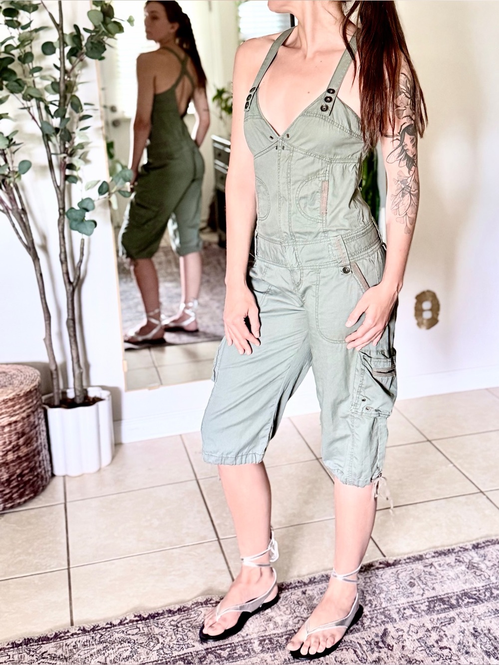 Y2K No Boundaries NOBO Olive Green Utility Cargo Capri Jumpsuit Juniors 3‎ XS